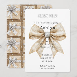 Chic Cream Silver Glam Bow Birthday Inbjudningar
