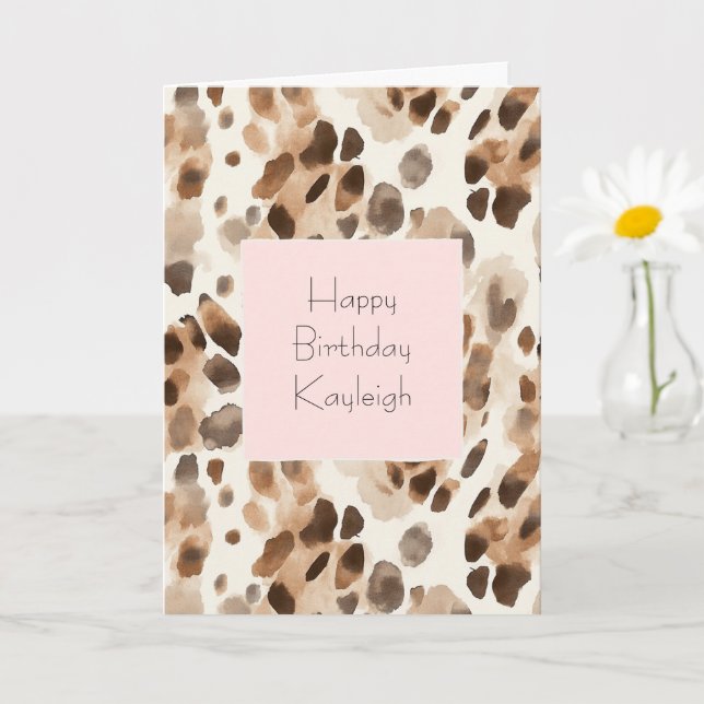 Chic Crème Brun Leopard Djur Rosa Födelsedag Kort (Liten växt)