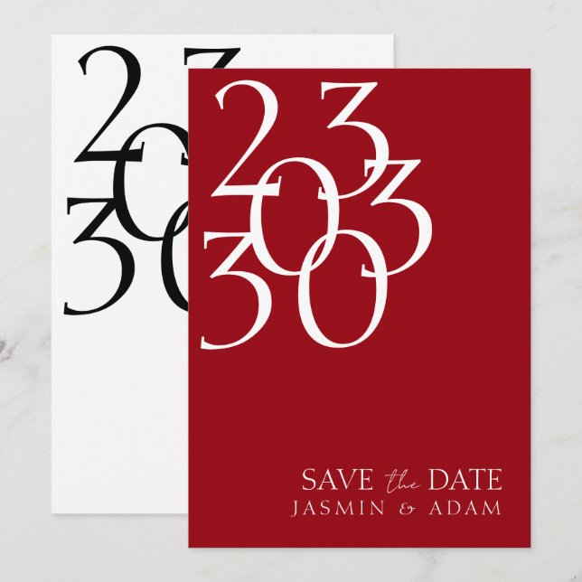 Chic Crimson Red White Minimal Typography Bröllop Spara Datumet (Fram/baksida)