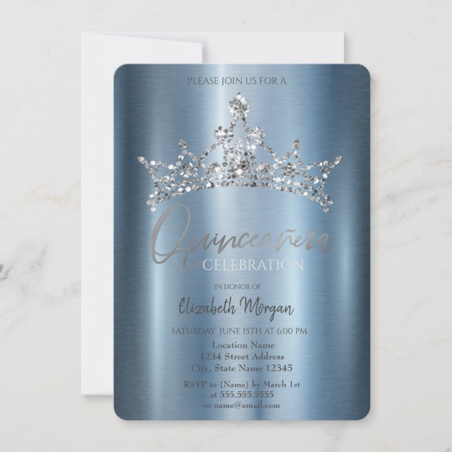 Chic Crown Blå Metallisk Quinceañera  Inbjudningar (Framsida)