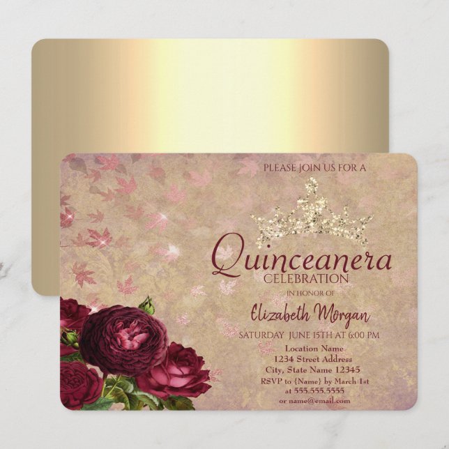 Chic Crown Röda Rosor Quinceañera    Inbjudningar (Fram/baksida)