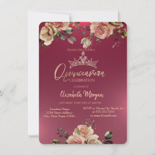 Chic Crown Vintage Rosor Burgunder Quinceañera Inbjudningar