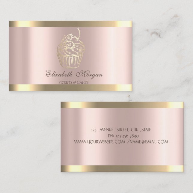 Chic Cupcake Guld Rand Rosa Guld Bageri Visitkort (Fram/baksida)