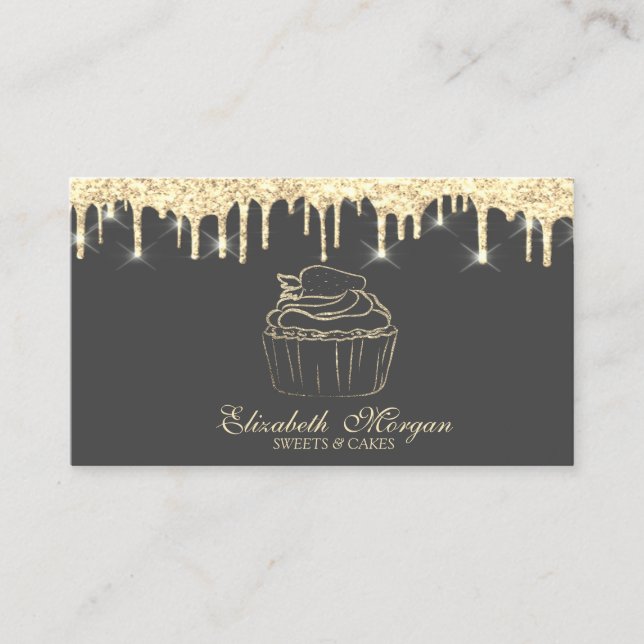 Chic Cupcake Jordgubbs Falska Guld Dropar Bagare Visitkort (Framsida)