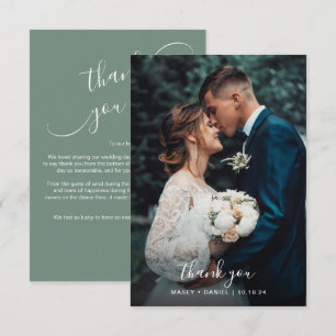 Chic Cursive Calligraphy Sage Grönt Photo Bröllop Tack Kort