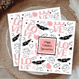 Chic Custom Pink Black Hearts Hand Drawn Valentine Pappersservett