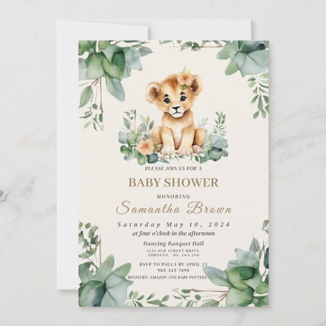 Chic Cute Lioness Unge & Greenery Girl Baby Shover Inbjudningar (Framsida)