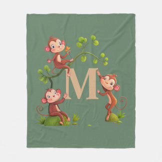 Chic Cute Monkey, Golden Monogram på Laurel Grönt Fleecefilt