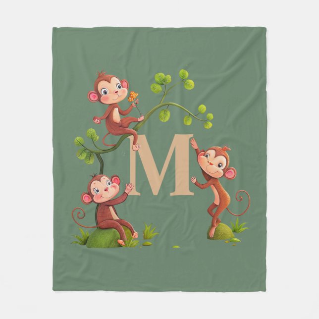 Chic Cute Monkey, Golden Monogram på Laurel Grönt Fleecefilt (Framsidan)