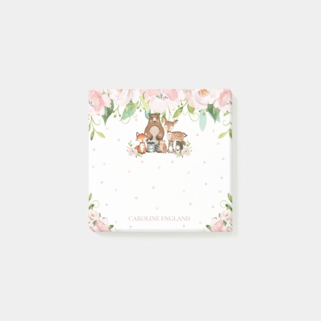 Chic Cute Woodland Animals  Rosa Blommigt Post-it Block (Framsida)