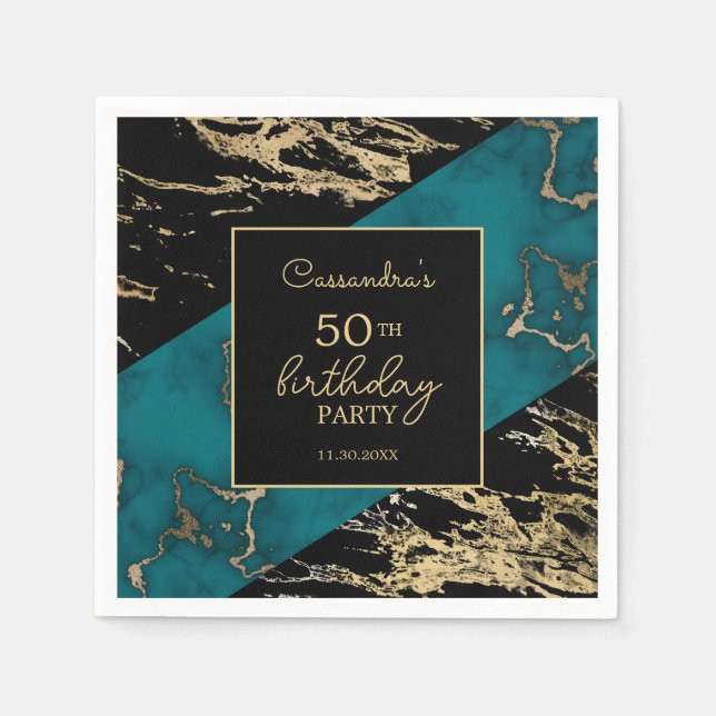 Chic Cyan Marble Gold Foil Paint Struktur Birthday Pappersservett (Framsidan)