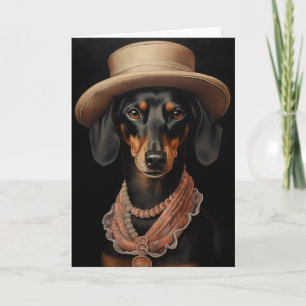 Chic Dachshund med Cream Hat Kort