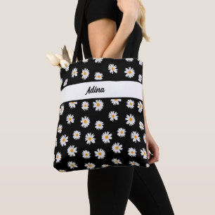 Chic daisy blommor mönster på svart bakgrund tygkasse