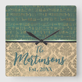 Chic Damask Egyptian Hieroglyphs Family Namn Fyrkantig Klocka