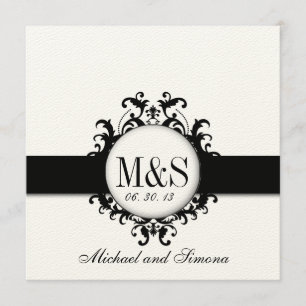 Chic Damask Monogram Bröllop Black Cream Inbjudningar
