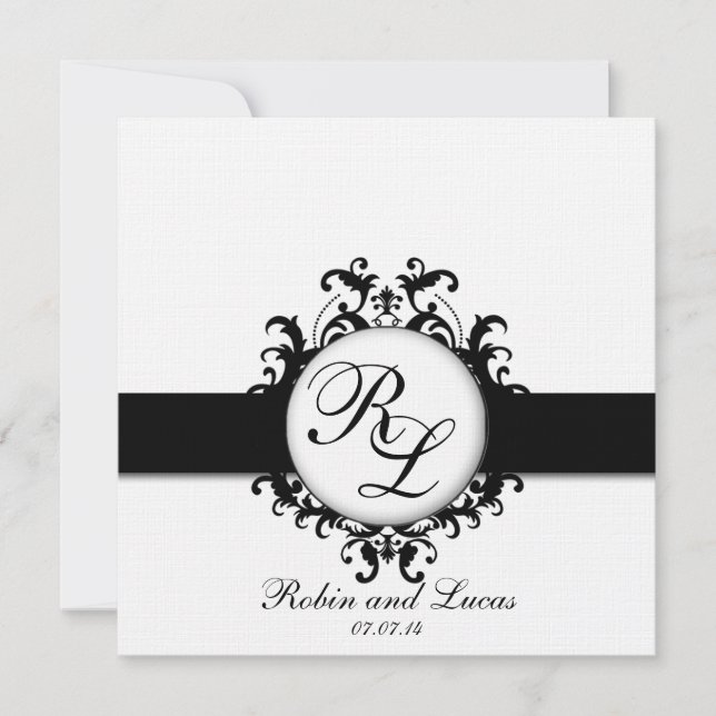 Chic Damask Monogram Bröllopsinbjudans Black White Inbjudningar (Framsida)