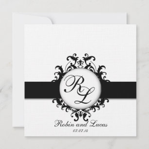 Chic Damask Monogram Bröllopsinbjudans Black White Inbjudningar