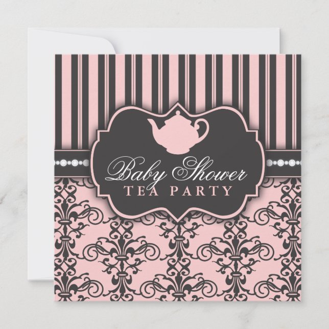 Chic Damask & Rand Baby Shower Tea-inbjudan Inbjudningar (Framsida)