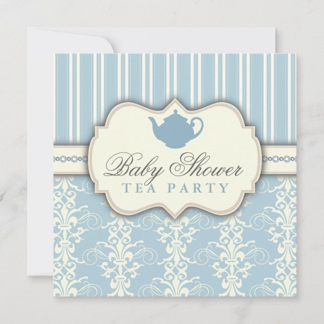 Chic Damask & Rand Baby Shower Tea-inbjudan Inbjudningar (Framsida)