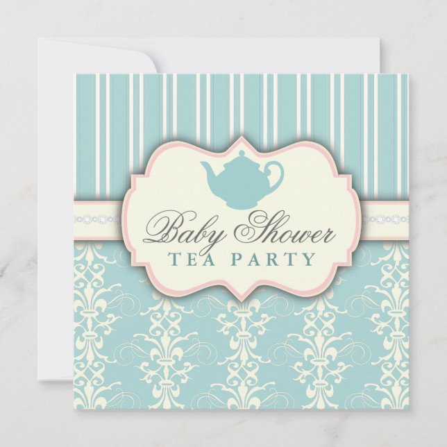 Chic Damask & Rand Baby Shower Tea-inbjudan Inbjudningar (Framsida)