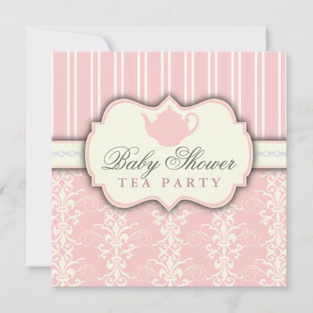 Chic Damask & Rand Baby Shower Tea-inbjudan Inbjudningar (Framsida)