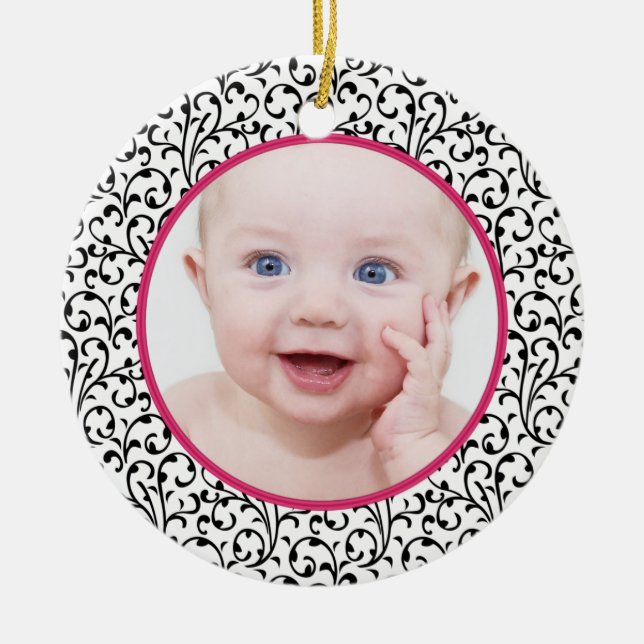 Chic Damask Rosa Baby Första jul Julgransprydnad Keramik (Framsidan)