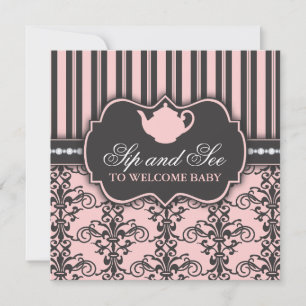 Chic Damask Rosa Sip och se inbjudan till Baby Tea