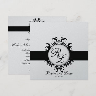 Chic damastast Monograms som gifta sig svart vit Inbjudningar