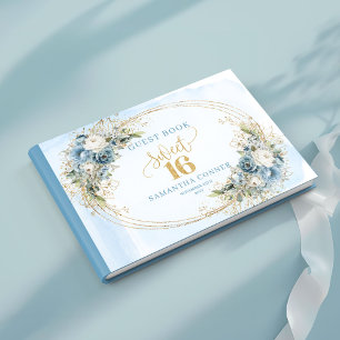 Chic Dammtig Blå Blommig Guld Sweet Sixteen Gästbo Gästböcker