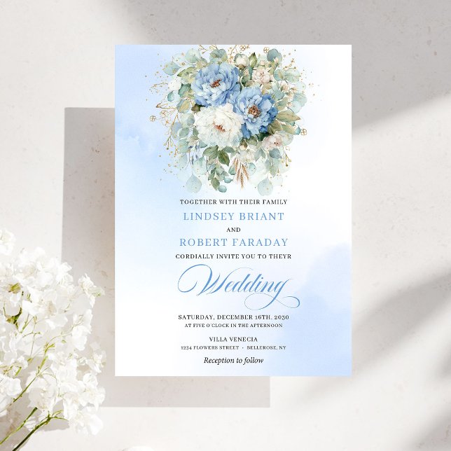 Chic Dammtigt Blått Vitt Peony Eukalyptus Bröllop  Inbjudningar (Chic Dusty Blue White Peony Eucalyptus Wedding Invite

)