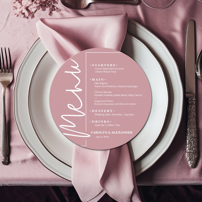 Chic Dammtrosa Rund Meny (Chic dusty rose pink round menu is ready to be personalized for your sit-down dinner occasion.)
