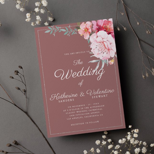 Chic damstig rosa mint formella skript blommigt br inbjudningar (Chic dusty pink mint formal script floral wedding )