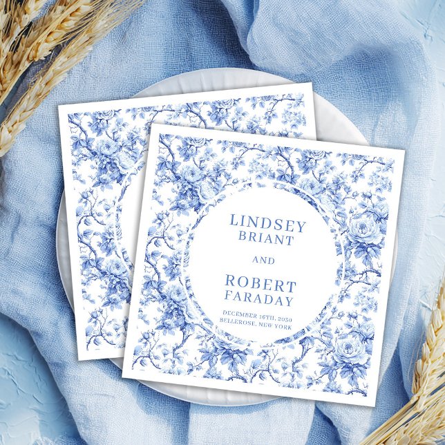 Chic Deep Blue Toile Roses Custom Wedding Napkins Pappersservett (Chic Deep Blue Toile Roses Custom Wedding Napkins

)