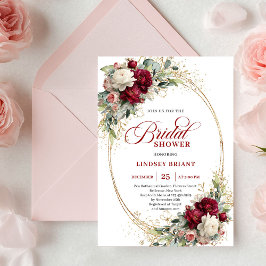 Chic Deep Red Floral Gold Bridal Shower Invitation Inbjudningar