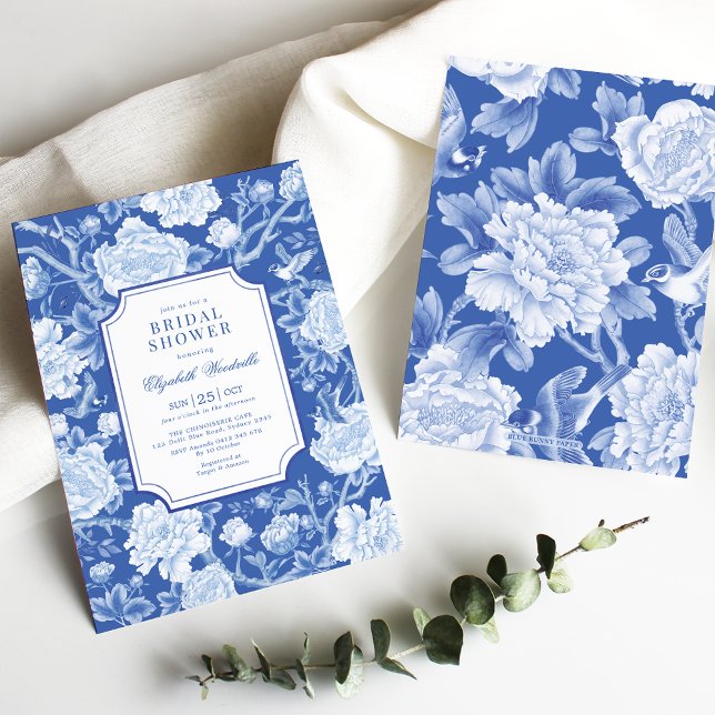 Chic Delft Blue Chinoiserie Blommigt Möhippa Inbjudningar (Skapare uppladdad)
