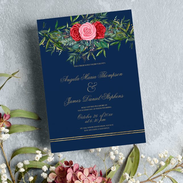Chic Den blå rosa röda grönten guld blommigt bröll Inbjudningar (Chic Navy blue pink red green gold floral wedding)