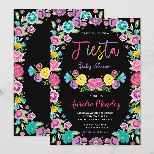 Chic Den mexikanska Blommigten Fiesta Baby Shower Inbjudningar (Fram/baksida)
