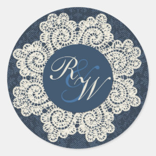 Chic Denim & Ivory Snöre Monogram Bröllop Runt Klistermärke