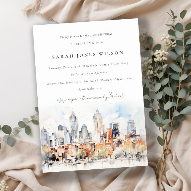 Chic Denver Colorado Skyline Watercolor Birthday Inbjudningar (Skapare uppladdad)
