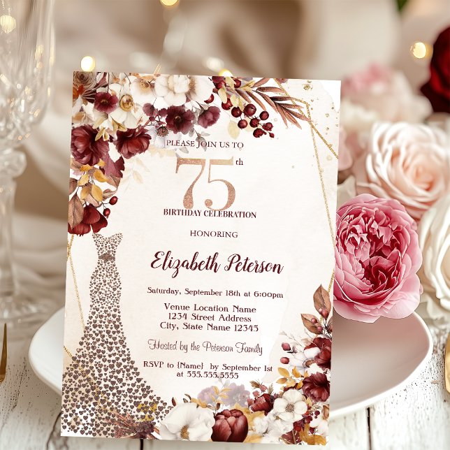 Chic diamantklänning höstblommor 75-årsdag inbjudningar (Skapare uppladdad)