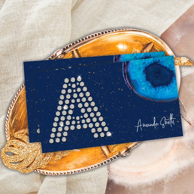 Chic Diamond Blue Agate Initial A Brev Monogram Visitkort (Front)
