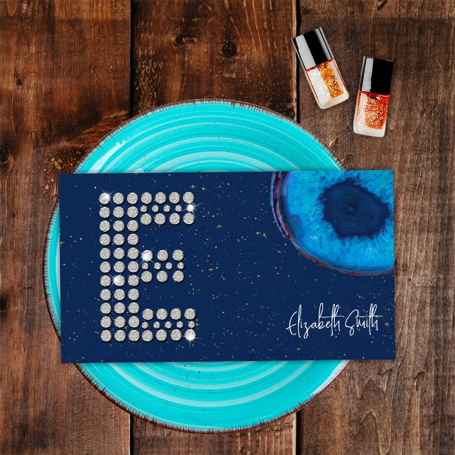 Chic Diamond Blue Agate Initial E Brev Monogram Visitkort (Front)