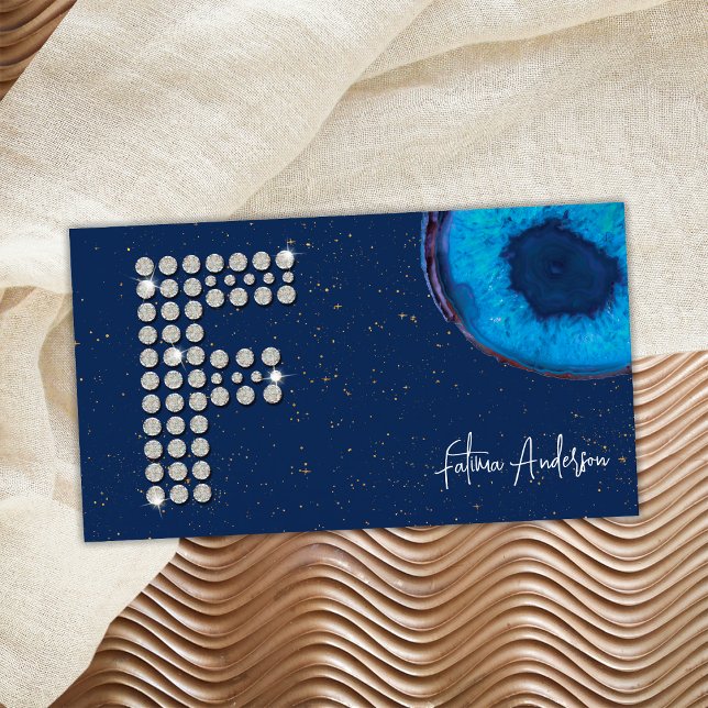 Chic Diamond Blue Agate Initial F Brev Monogram Visitkort (Front)