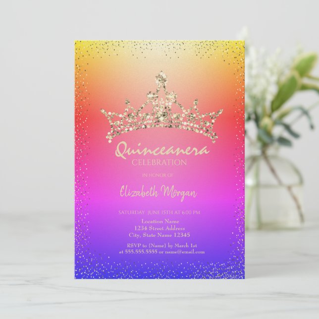 Chic Diamonds Crown Ombre Quinceañera  Inbjudningar (Stående Fram)