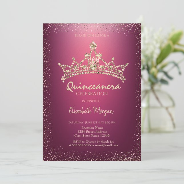 Chic Diamonds Crown Röda Quinceañera  Inbjudningar (Stående Fram)