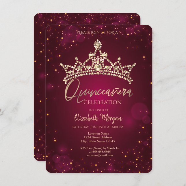 Chic Diamonds Krona Burgundy Quinceañera Inbjudningar (Fram/baksida)