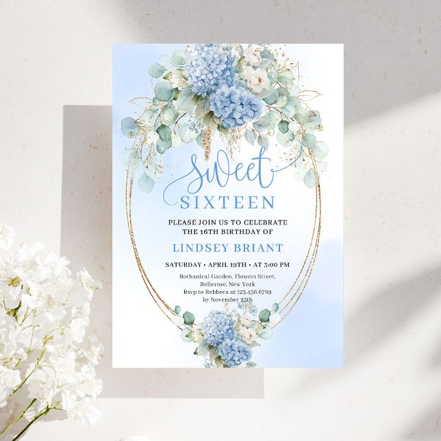 Chic Digital Blue Floral Eucalyptus Gold Sweet 16 Inbjudningar (Digital Blue Floral Eucalyptus Gold Sweet 16 Invite)