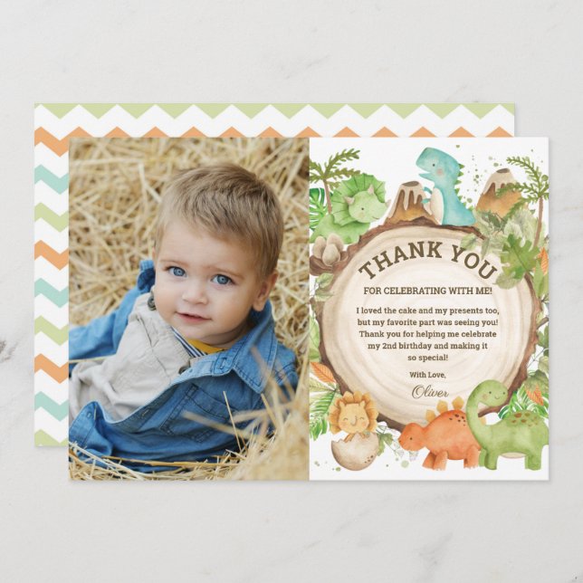 Chic Dinosaur Boy Birthday Greenery Chevron Photo Tack Kort (Fram/baksida)
