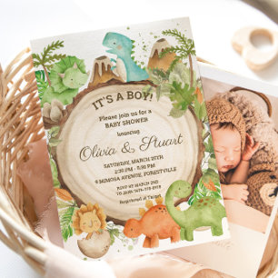 Chic Dinosaur Boy Shower Greenery Chevron Inbjudningar