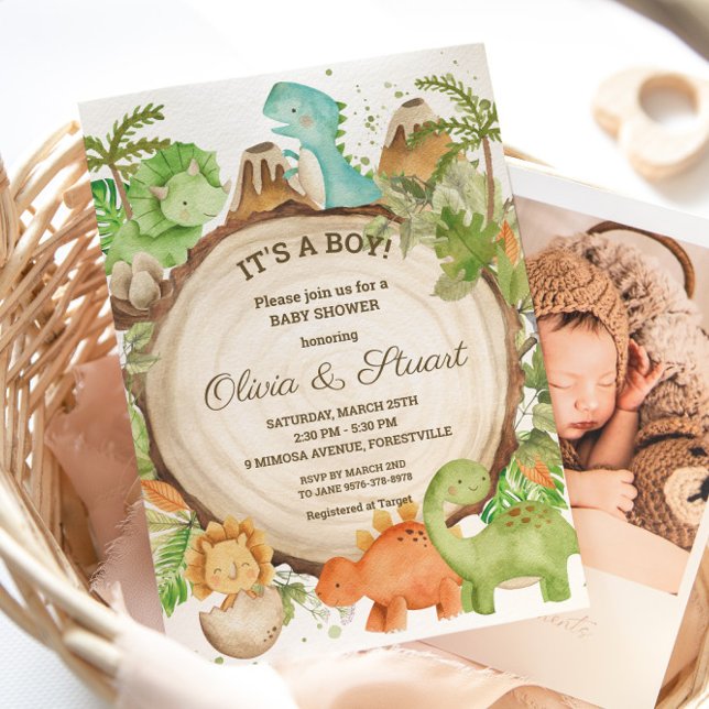Chic Dinosaur Boy Shower Greenery Chevron Inbjudningar (Skapare uppladdad)